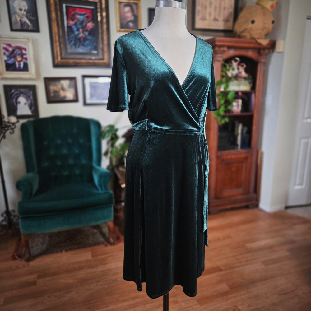 TACERA Petite Emerald Green Velvet‎ Wrap Midi Dress Short Sleeve Tie Waist